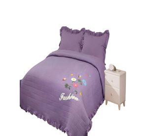 QUILT CUBRECAMA DE VERANO CON FLORES BORDADAS 2 PLAZAS MORADO