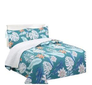 Cubrecama Sherpa 1.5 Plazas - Celeste Hojas M909