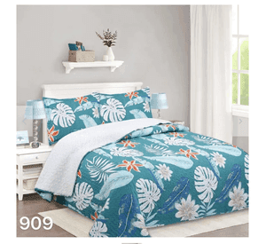 Cubrecama Sherpa 1.5 Plazas - Celeste Hojas M909
