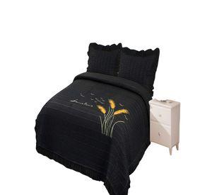 QUILT CUBRECAMA DE VERANO CON FLORES BORDADAS 2 PLAZAS NEGRO 2