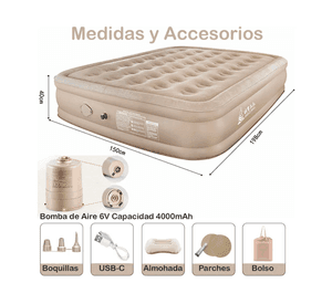 Colchon Inflable Bomba Recargable Cama 2 Plazas 45cm