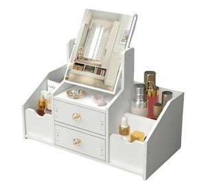 Organizador de Maquillaje con Espejo y Cajones Cosmetiquero Multiuso Blanco Compacto