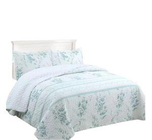 Cubrecama Sherpa King - Blanco Flores Verde Agua M940