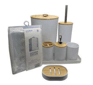 Juego Accesorios Set De Baño 6 Piezas Bambú Cepillo WC Blanco + Cortina De Obsequio