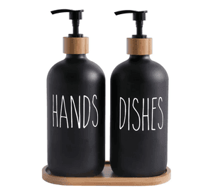 Set 2 Dispensadores De Jabon Vidrio Con Bandeja De Bambu