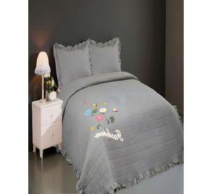 QUILT CUBRECAMA DE VERANO CON FLORES BORDADAS 2 PLAZAS GRIS