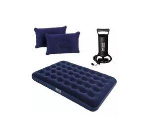 Colchón inflable doble de 2 plazas, + inflador y almohadas, color azul