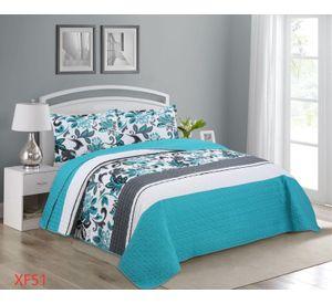 Cubrecama Quilt Verano King Turquesa Hojas XF51