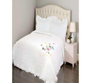QUILT CUBRECAMA DE VERANO CON FLORES BORDADAS 2 PLAZAS BLANCO