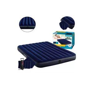 Colchón inflable para campismo, bomba, 2 almohadas, queen, color azul