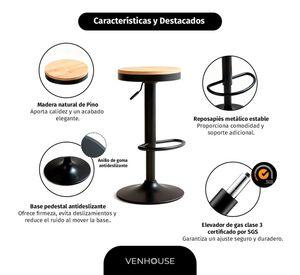 Venhoouse Taburete Aron Regulable Piso Bar Asiento De Madera Negro