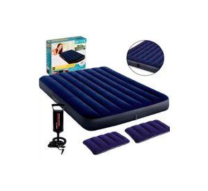 Colchón inflable para campismo, bomba, 2 almohadas, queen, color azul