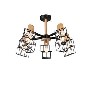 Lampara Colgante Negra Cromo Metal Y Madera 5 Luces