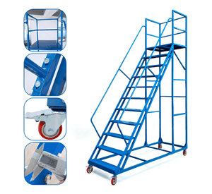 Escalera Industrial Tipo Avión 10 Peldaños 2,5m + Plataforma Azul
