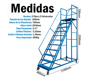 Escalera Industrial Tipo Avión 10 Peldaños 2,5m + Plataforma Azul