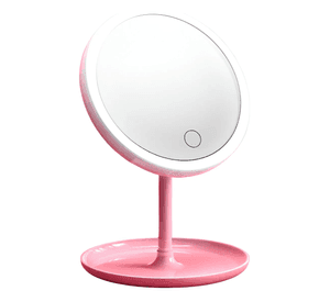 Espejo Maquillaje Circular Luz Led Y Base Organizador Joyas Rosa
