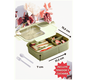 Fiambrera Bento Contenedor De 1450 Ml Táper Hermético + Cubiertos Plástico Green