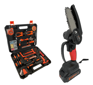 Pack Motosierra Podadora 4 Pulgadas 2 Baterías + Set De 150 Herramientas