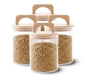Pack 4 Contenedores Herméticos Vidrio Tapa Asa Bambú 800ml
