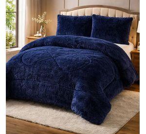 Plumon De Invierno Peludos Con Chiporro 2 Plazas Azul Oscuro Peludo