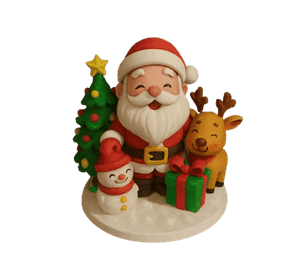 Figura Navideña - Diorama Papá Noel, Reno y Muñeco de Nieve