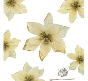 10 Flores Navideñas Adorno Navidad Árbol Oro Con 10 Clip Amarillo