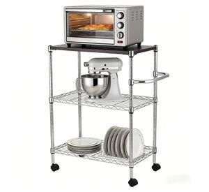 Carro de Cocina Cromado de 3 Niveles con Cubierta de Madera