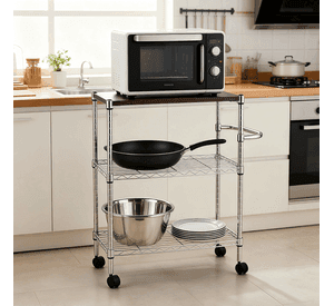 Carro de Cocina Cromado de 3 Niveles con Cubierta de Madera