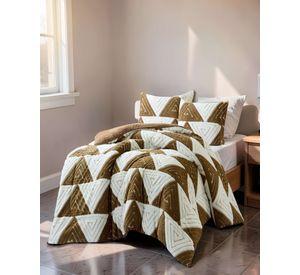 COBERTOR DE JACQUERD KING  COLOR BLANCO CON MOSTAZA