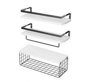 Repisas flotantes de madera Set de 3 niveles con canasta metálica