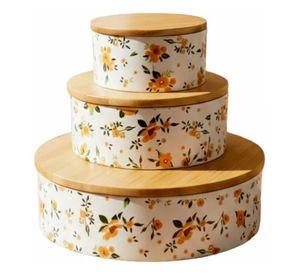 Set 3 Contenedores Tapa Bambú Diseño Floral Vintage Jhn