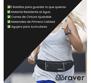 Cómodo Banano Running Fitbraver Resistente al Agua 3 Bolsillos Negro