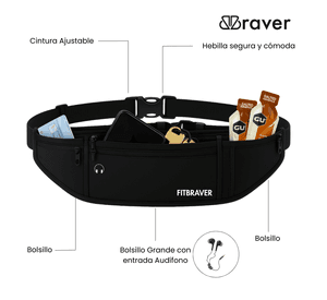 Cómodo Banano Running Fitbraver Resistente al Agua 3 Bolsillos Negro