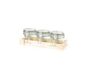 Set 3 Frascos Contenedores Vidrio Base Madera Gab 230 ML