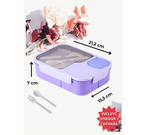 Fiambrera Bento Contenedor De 1450 Ml Táper Hermético + Cubiertos Plástico Purple