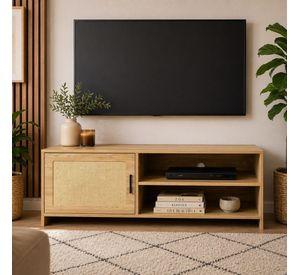 Rack De Tv Madera Natural Con Puerta Rattan 120 Cm