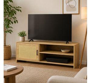 Rack De Tv Madera Natural Con Puerta Rattan 120 Cm