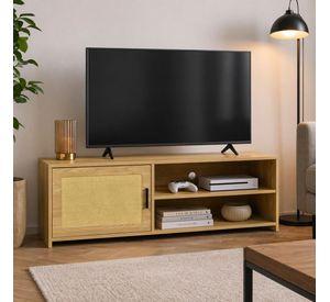 Rack De Tv Madera Natural Con Puerta Rattan 120 Cm