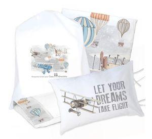 JUEGO DE CAMA FUNDA DE PLUMÓN + SABANA BAJERA +2 FUNDAS ALMOHADA AVIONES Y GLOBOS 1 PLAZA