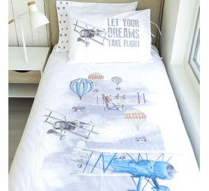JUEGO DE CAMA FUNDA DE PLUMÓN + SABANA BAJERA +2 FUNDAS ALMOHADA AVIONES Y GLOBOS 1 PLAZA