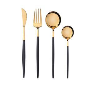Set Cubiertos 16 Piezas Dorado y Negro Acero inoxidable