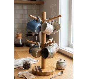 Porta Tazas Pie Bambú 6 Ganchos Árbol Organizador Cocina 33x12cm