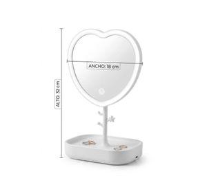 Espejo Maquillaje LED Corazón Blanco Con Base Organizadora USB