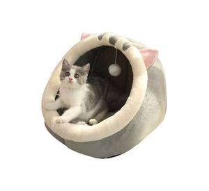 Casa Cama Suave para Gatos con Juguete Colgante Gris