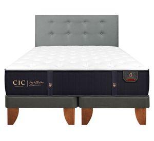 Cama europea Premium 2 plazas base dividida + respaldo gris tapizado