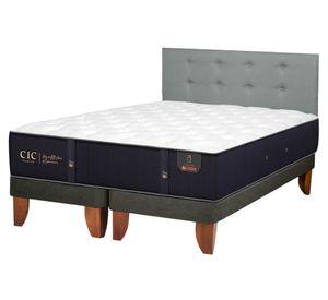 Cama europea Premium 2 plazas base dividida + respaldo gris tapizado