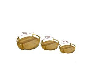 Set 3 Bandejas Redondas Bambú Asas Doradas Decorativas