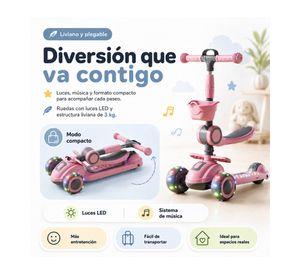 Scooter infantil 3 en 1 plegable con asiento rosa