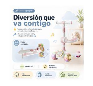 Scooter infantil 3 en 1 plegable con asiento y música rosa