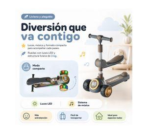 Scooter infantil 3 en 1 plegable con asiento y música gris